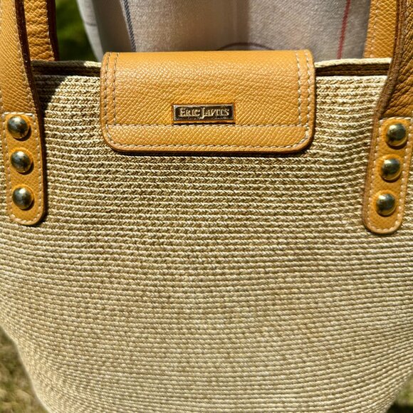 Eric Javits NY Natural Staw Raffia & Leather Trim Tan & Brown Woven Shoulder Bag - Picture 7 of 13